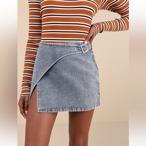 COPY - Trendsetting Cuteness Medium Wash Belted Wrap Denim Mini Skirt